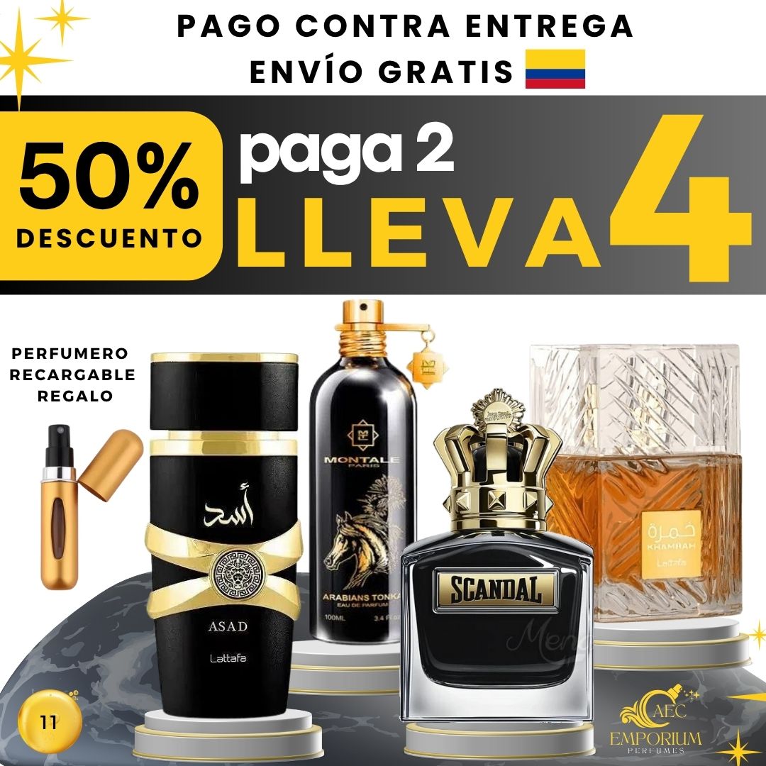 11 -  4 PERFUMES + REGALO (Asad, Khamrah, Tonka, Scandal + perfumero)
