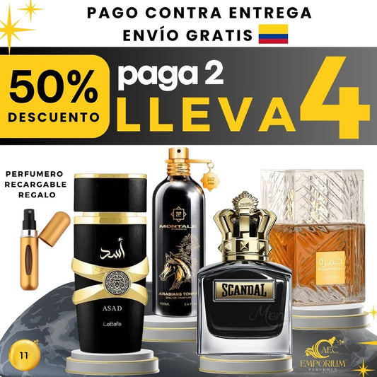 11 -  4 PERFUMES + REGALO (Asad, Khamrah, Tonka, Scandal + perfumero)